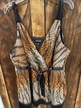 Avenue Brown and Black Snake-Print Satin Tie-Front Tank